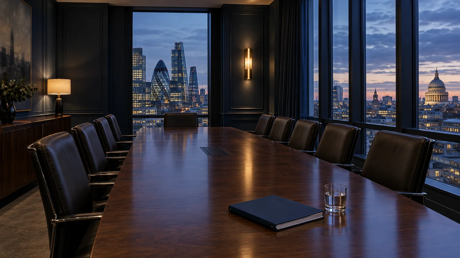 An empty City boardroom at dusk