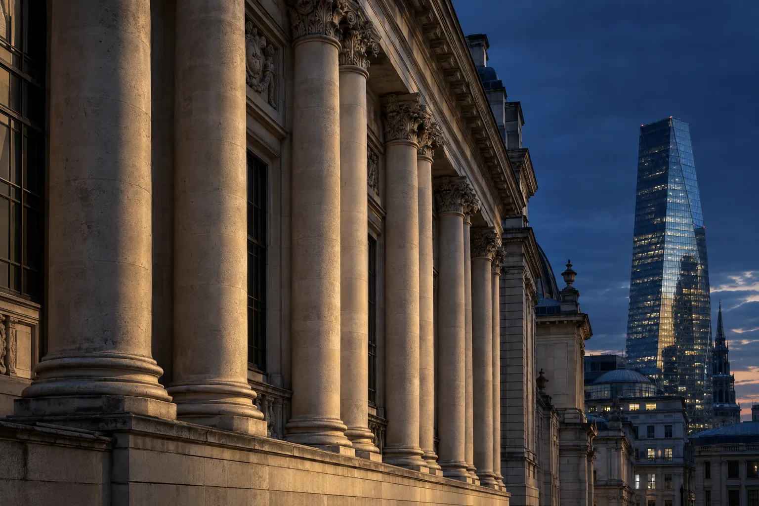 Classical stone facade in the City of London at dusk